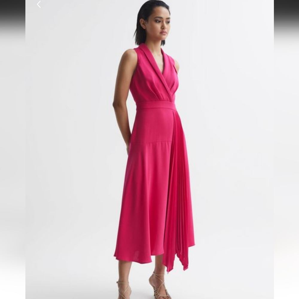 REISS CLAIRE PLEATED FITTED MIDI DRESS SIZE 2